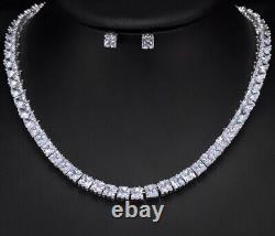 18k White Gold Plated Square Tennis Necklace Earrings made w Swarovski Crystal