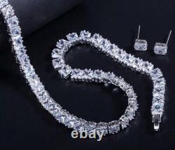 18k White Gold Plated Square Tennis Necklace Earrings made w Swarovski Crystal