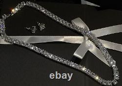 18k White Gold Plated Square Tennis Necklace Earrings made w Swarovski Crystal