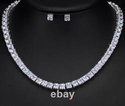 18k White Gold Plated Square Tennis Necklace Earrings made w Swarovski Crystal