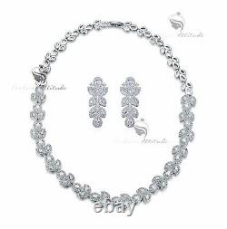 18k white gold plated crystal stud earrings necklace party wedding set luxury