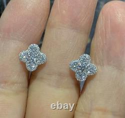 1Ct Round Cut Real Moissanite Clover Stud Earrings 14K White Gold Plated Silver