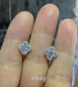 1Ct Round Cut Real Moissanite Clover Stud Earrings 14K White Gold Plated Silver