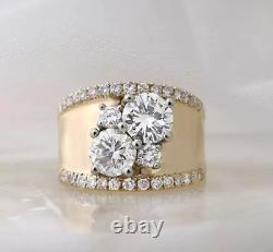 2.00 Ct Round Cut Real Moissanite Cluster Wedding Ring 14k Yellow Gold Plated