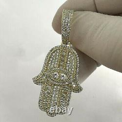 2.00Ct Baguette Cut Real Moissanite Hamsa Pendant 14K Yellow Gold Plated Silver