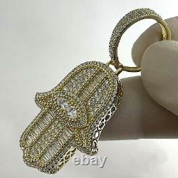 2.00Ct Baguette Cut Real Moissanite Hamsa Pendant 14K Yellow Gold Plated Silver