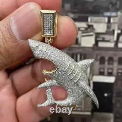 2.20 CT Round Cut Real Moissanite Shark Men's Pendant 14K Yellow Gold Plated