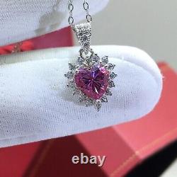 2.20Ct Heart Cut CZ Pink Sapphire Halo Pendant 14K White Gold Plated Silver