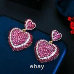 2.20Ct Round Lab Created Sapphire Heart Dangle Earrings 14K Yellow Gold Plated