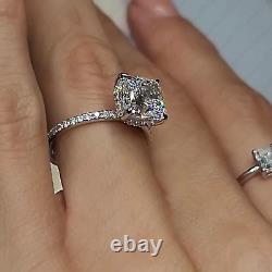 2.26Ctw Cushion Moissanite Hidden Halo Engagement Ring in 14K White Gold Plated