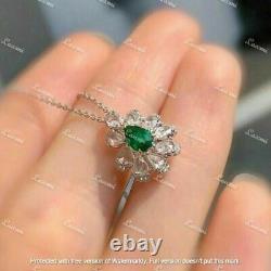 2.30Ct Pear Cut Simulated Green Emerald Flower Pendant 14K White Gold Plated