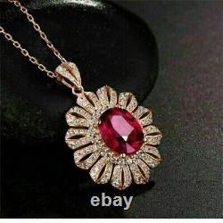 2.50Ct Good Oval Cut Lab Created Red Ruby Floral Pendant 14k Rose Gold Plated
