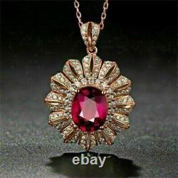 2.50Ct Good Oval Cut Lab Created Red Ruby Floral Pendant 14k Rose Gold Plated