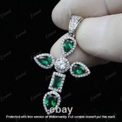 2.50Ct Pear Cut Simulated Green Emerald Cross Pendant 14K White Gold Plated