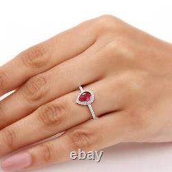 2.50Ct Pear Cut Simulated Red Ruby Halo Wedding Band Ring 14K White Gold Plated