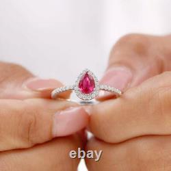 2.50Ct Pear Cut Simulated Red Ruby Halo Wedding Band Ring 14K White Gold Plated