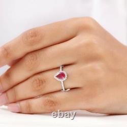 2.50Ct Pear Cut Simulated Red Ruby Halo Wedding Band Ring 14K White Gold Plated