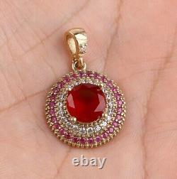 2.50Ct Round Cut Lab Created Red Ruby Halo Pendant 14K Yellow Gold Plated Silver