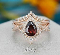 2.99Ct Pear Cut Simulated Red Garnet Women's Rings 14K Rose Gold Plated silver