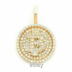 2 CT Round Cut Real Moissanite Bitcoin Pendant 14K Yellow Gold Plated Sliver