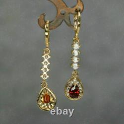2 Ct Pear Cut Simulated Red Ruby & Diamond Women Earrings 14K Yellow Gold Plated