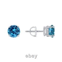 2 Ct Round Cut Blue Created Diamond Earrings Studs Gold Plated Silver 925 Screw