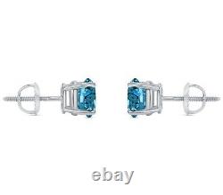 2 Ct Round Cut Blue Created Diamond Earrings Studs Gold Plated Silver 925 Screw