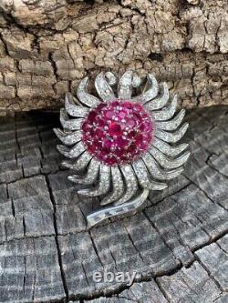 2 Ct Round Cut Lab-Created Pink Ruby Flower Brooch Pin In 14K White Gold Plated