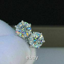 2 Ct Round Cut Real Moissanite Solitaire Earrings 14K White Gold Silver Plated