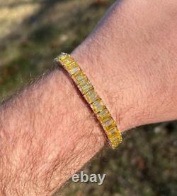 20Ct Emerald Cut Lab-Created Yellow Citrine Men's Bracelet 14K White Gold Plated