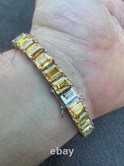 20Ct Emerald Cut Lab-Created Yellow Citrine Men's Bracelet 14K White Gold Plated
