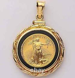 20mm American Eagle Coin Onyx Unisex Mens Pendant 14k Yellow Gold Plated Silver