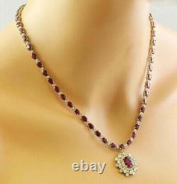22Ct Oval Cut Lab Created Red Ruby Tennis Necklace 14K Yellow Gold Plated