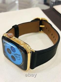 24K Gold Plated 44MM Apple Watch SERIES 5 Stainless Steel Black Leather GPS LTE