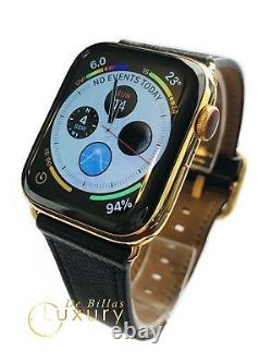 24K Gold Plated 44MM Apple Watch SERIES 5 Stainless Steel Black Leather GPS LTE