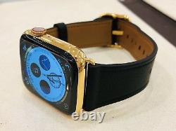 24K Gold Plated 44MM Apple Watch SERIES 6 Stainless Steel Black Leather GPS LTE