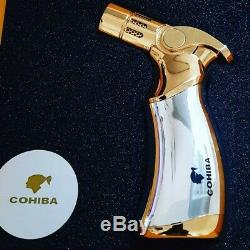 24k Gold Plated Metal Cohiba Table Lighter 4 Flame Turbo Jet Cigar Gas Gift Box