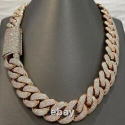 25Ct Simulated Moissanite 18mm Cuban Link Chain Necklace 14K Rose Gold Plated925