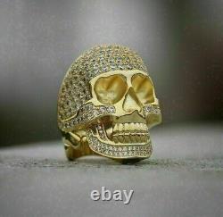 2CT Round Cut Simulated Diamond Skull Halloween Mens Ring 14K Yellow Gold Plated