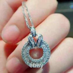 2Ct Baguette Cut Lab Created Diamond Prong Pendant 14K White Gold Plated Silver