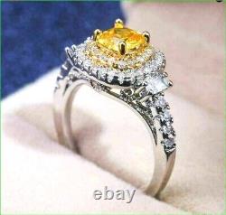 2Ct Cushion Cut Simulated Yellow Citrine Engagement Ring 14K White Gold Plated