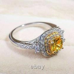2Ct Cushion Cut Simulated Yellow Citrine Engagement Ring 14K White Gold Plated