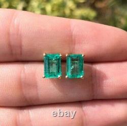 2Ct Emerald Cut Natural Emerald Solitaire Stud Earrings 14K Yellow Gold Plated