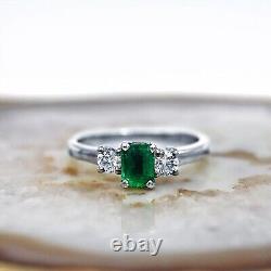 2Ct Emerald Cut Simulated Green Emerald Three Stone Ring 14k White Gold Plated