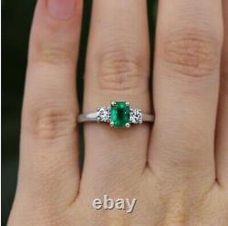 2Ct Emerald Cut Simulated Green Emerald Three Stone Ring 14k White Gold Plated