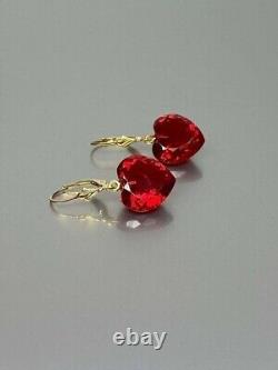 2Ct Heart Cut Simulated Red Ruby Dangle Drop Earrings In 14K Yellow Gold Plated