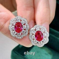 2Ct Oval Cut Lab Created Red Ruby Halo Halo Stud Earrings 14K White Gold Plated