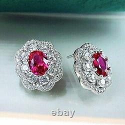 2Ct Oval Cut Lab Created Red Ruby Halo Halo Stud Earrings 14K White Gold Plated