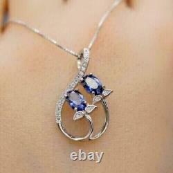 2Ct Oval Cut Simulated Blue Sapphire Women's Fancy Pendant 14K White Gold Plated