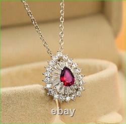 2Ct Pear Cut Simulated Ruby Halo Pendant 14k White Gold Plated 18'' Free Chain